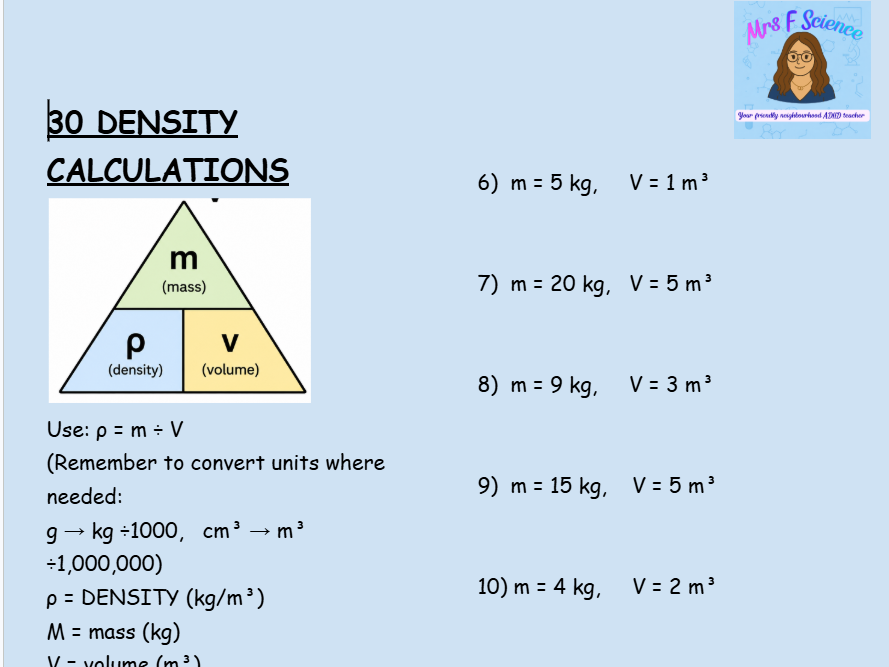 GCSE Physics Density Calculations Worksheet | KS4 | AQA/ OCR / EDEXCEL
