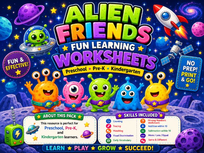 Alien Worksheets for Preschool & Kindergarten | Space Math, Counting, Tracing & Matching Activities