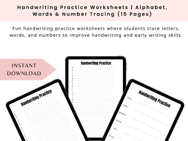 Handwriting Practice Worksheets | Alphabet, Words & Number Tracing (15 Pages)