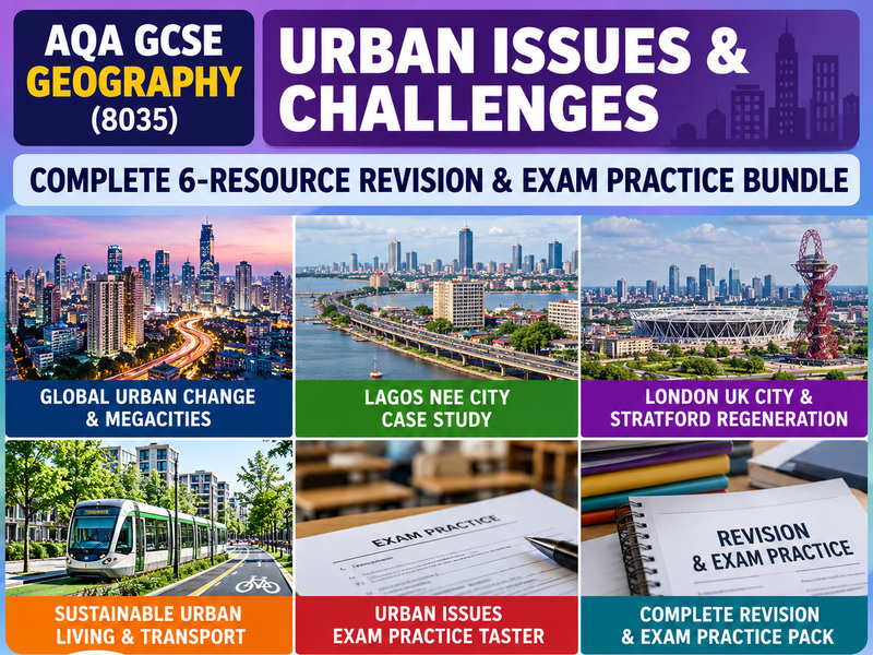 AQA GCSE Geography – Urban Issues & Challenges | Complete 6-Resource Revision & Exam Practice Bundle