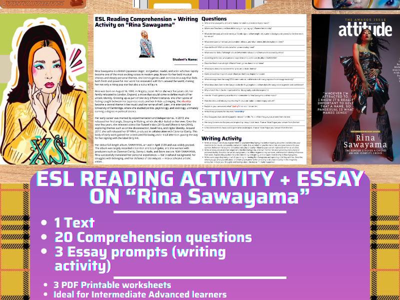 ESL Reading Comprehension + Writing Activity Worksheets - Rina Sawayama - British Japanese Singer