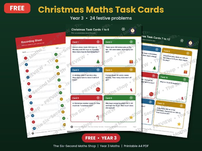 FREE Year 3 Christmas Maths Task Cards | 24 Festive Word Problems