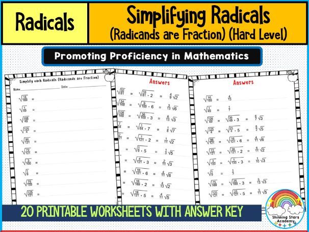 Simplifying Radicals (Radicands are Fractions) – Hard Level Worksheets | Advanced Algebra Practice