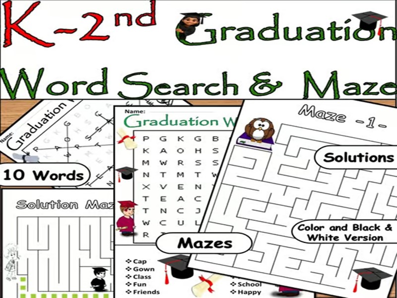 Kindergarten Graduation Word Search & Maze – Easy End of Year Activity| 10 Words