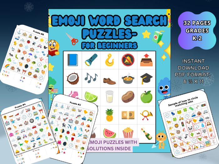 Emoji Puzzle Word Search is a fun and beginner-friendly activity book filled with simple emoji match