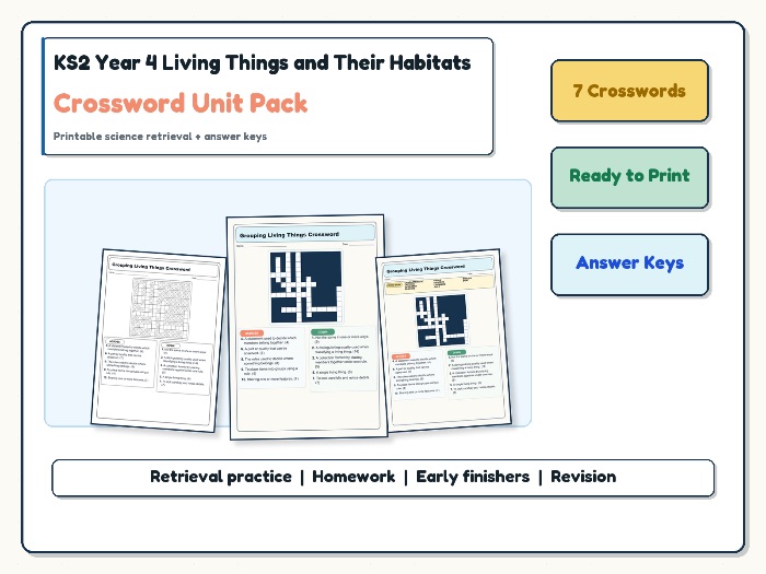 KS2 Year 4 Living Things and Their Habitats Crossword Unit Pack | Vocabulary + Answers