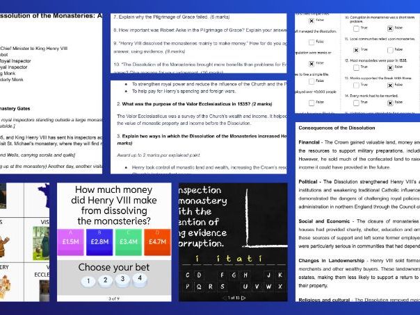 Common Entrance Making of the UK/GCSE History - Dissolution of the Monasteries: Activity Pack