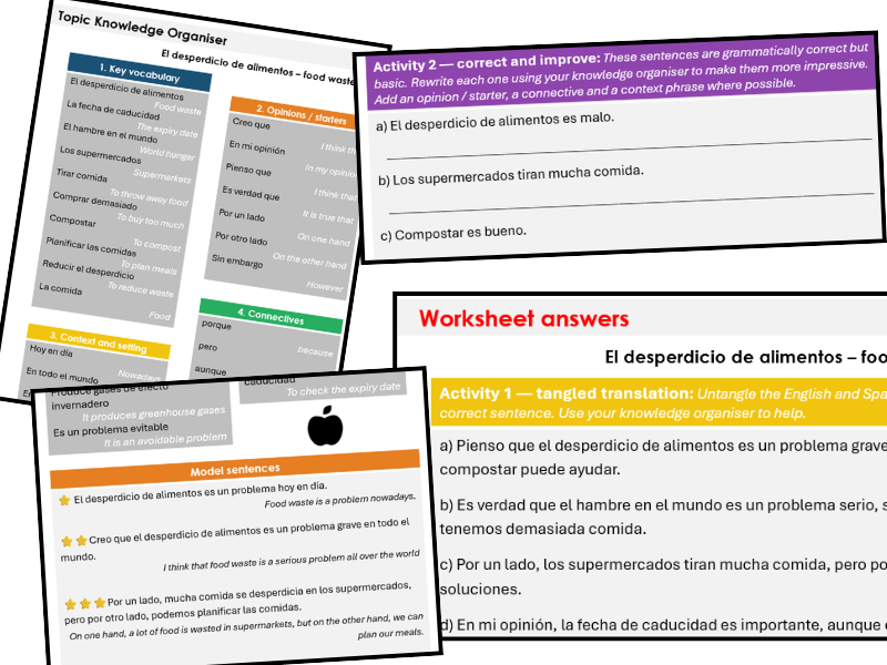 Food Waste (Spanish) - Knowledge Organiser & Activities