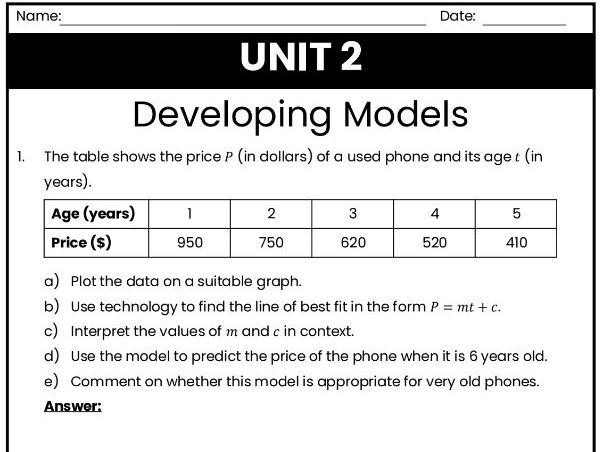 IB Math AI Worksheet 2.6 - Developing Models
