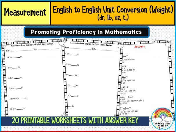 English to English Unit Conversion (Weight) (dr, lb, oz, t) Worksheets | Customary Weight Conversion