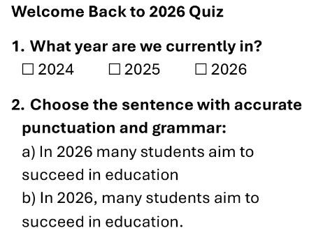 Welcome Back to 2026 Quiz