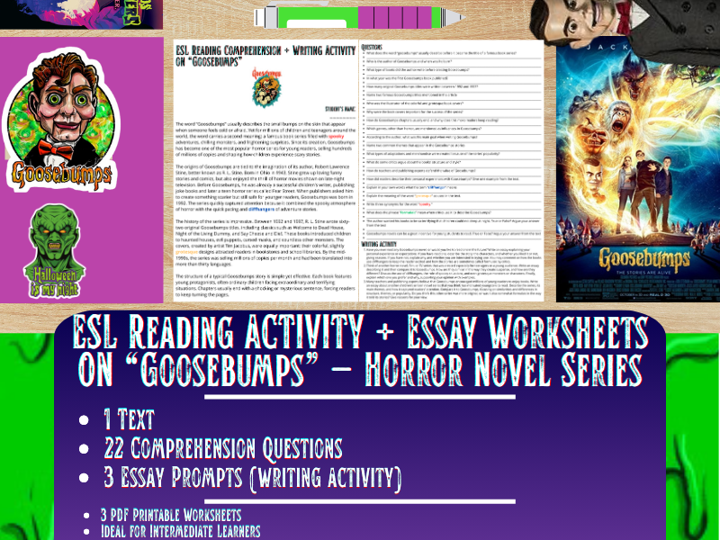 ESL Reading Comprehension + Writing Activity Worksheets on Goosebumps