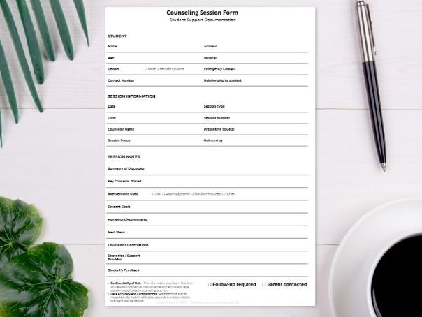 Counseling Session Form | Student Support Documentation | School Counseling Notes Template