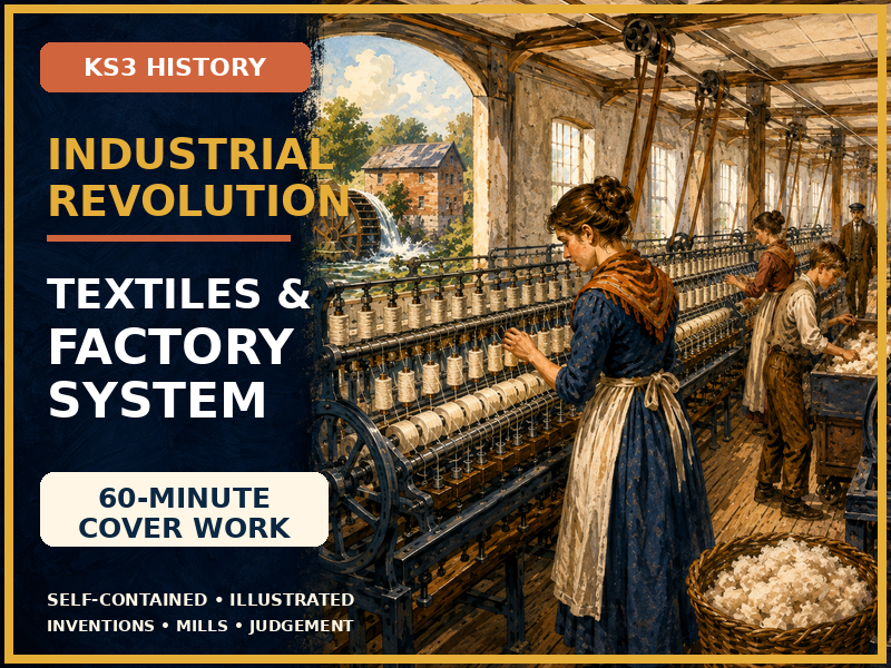 Industrial Revolution KS3 Cover Lesson | Textile Inventions and Factory System | 60-Minute Worksheet