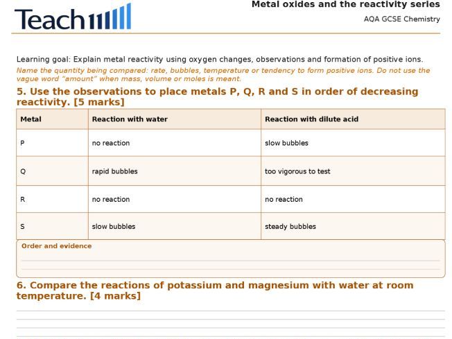AQA GCSE Chemistry Chemical Changes Worksheets & Answers