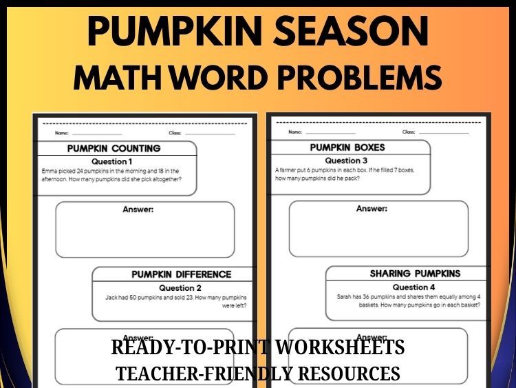 Pumpkin Season Math Word Problems | 40 Problems | Grades 2–8