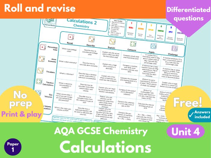 FREE AQA GCSE Chemistry ONLY Unit 4 Chemical Calculations Dice Retrieval Game