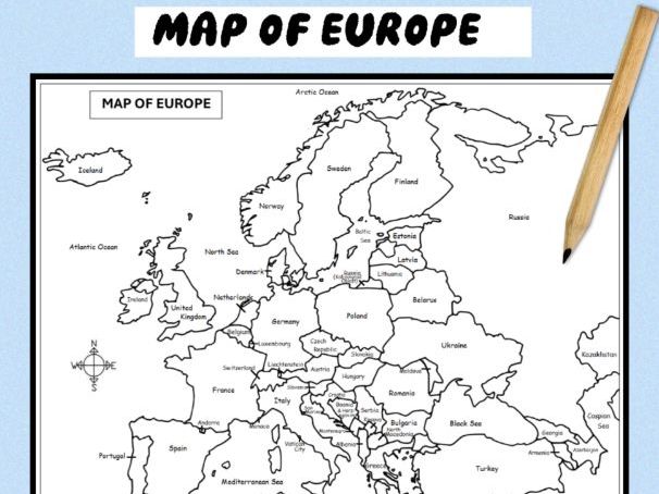 Printable Map of Europe | 51 Countries | Black and White