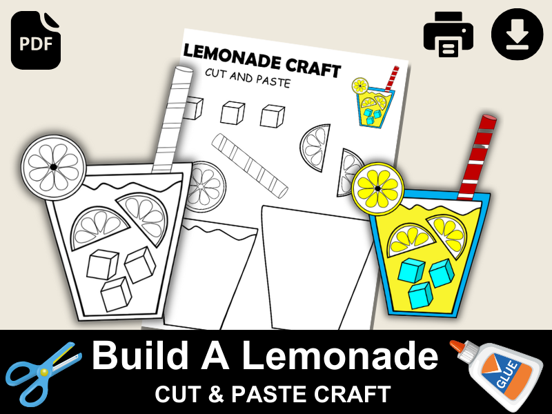 Lemonade Craft Template for Kids | Summer Coloring Sheet | Cut and Glue Printable Activity PDF