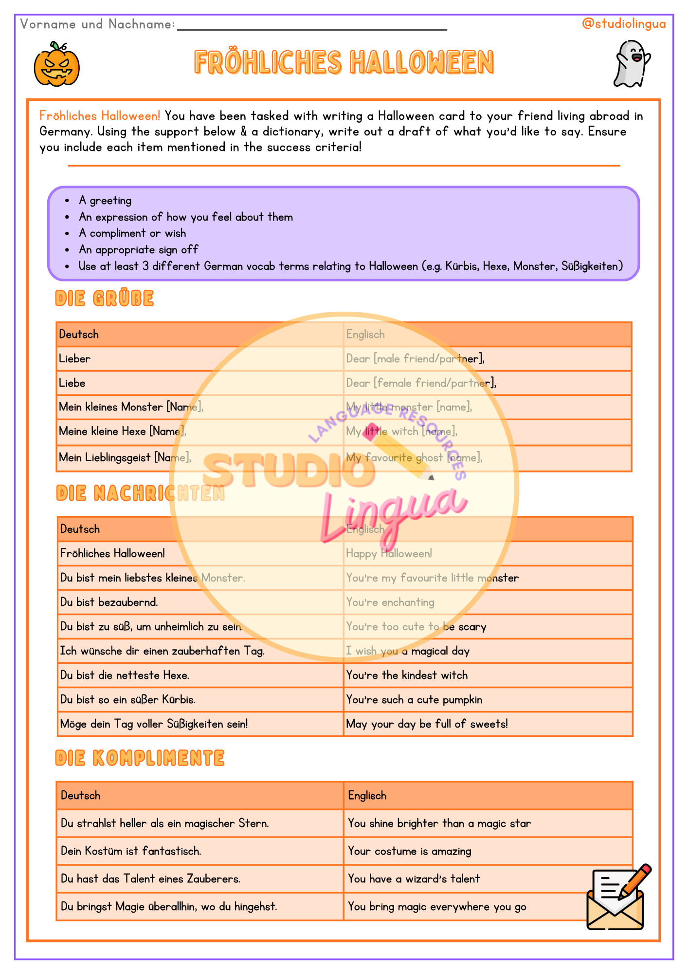 German Halloween Cards | Structured Writing Activity | Printable PDF | KS2–KS3  German Writing | Teaching Resources, image size:1414x2000