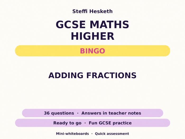 Adding Fractions GCSE Maths Higher Bingo