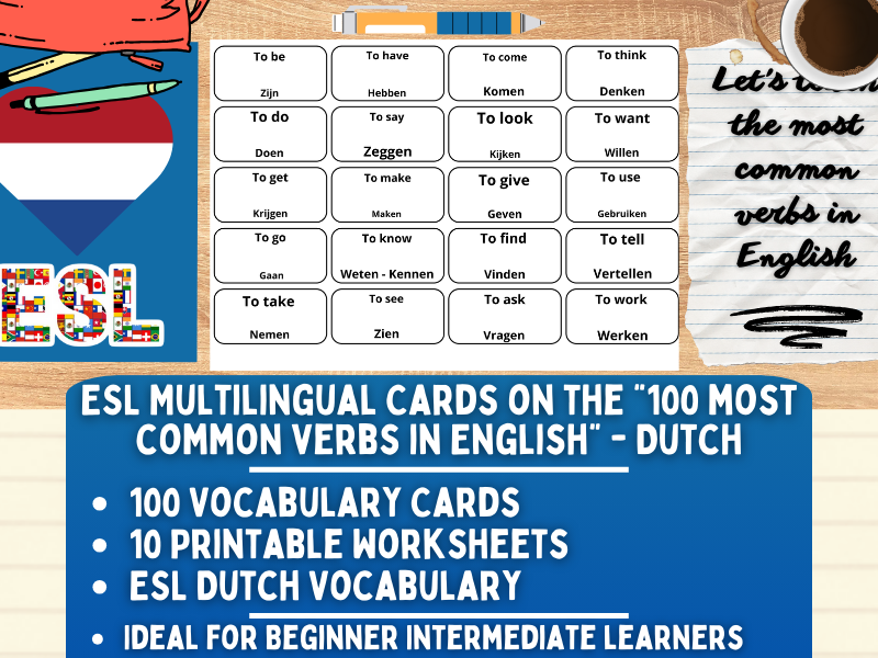 ESL Multilingual Vocabulary Flashcards - 100 most common verbs - Dutch