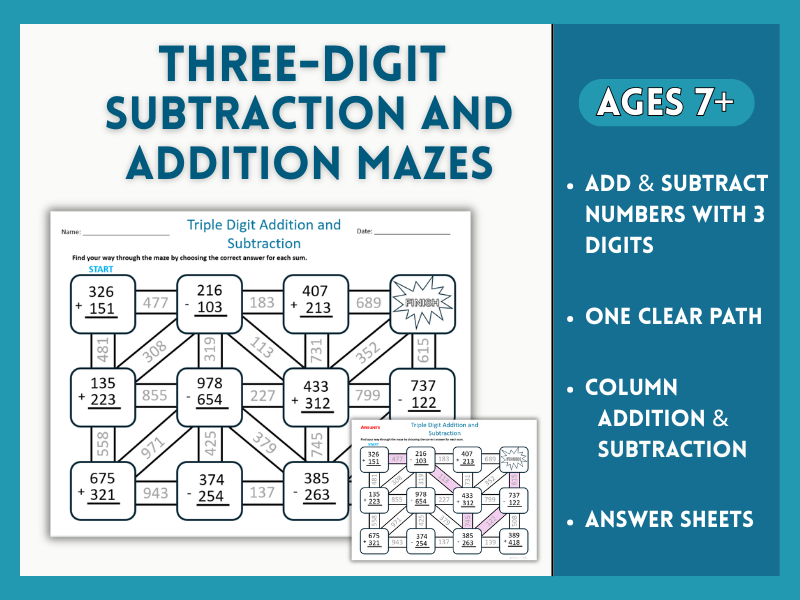 Three-Digit Addition and Subtraction Maze Worksheets