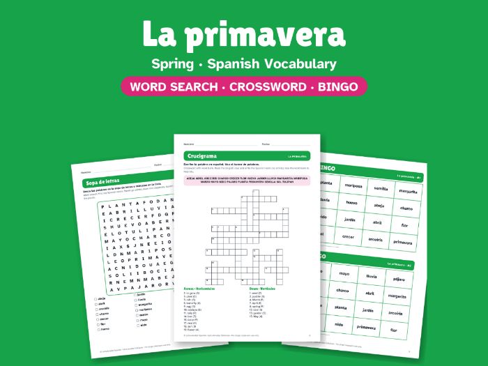 Spring in Spanish: Word Search, Crossword & Bingo
