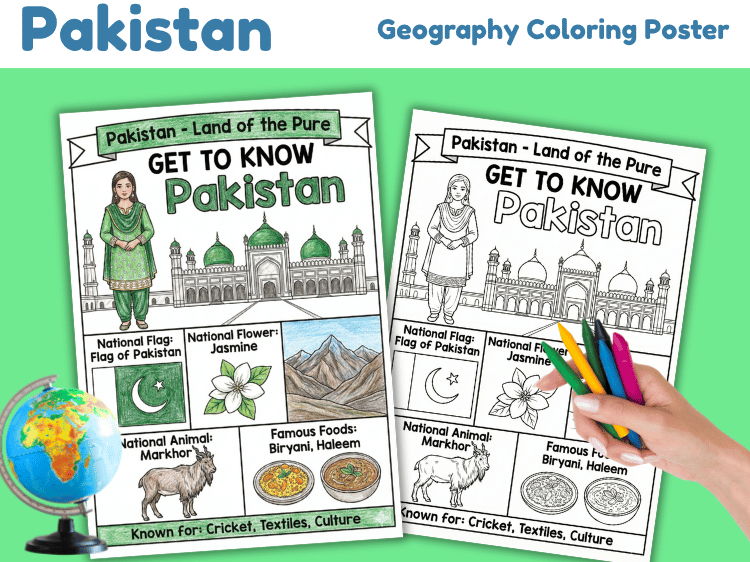 Pakistan Geography Coloring Poster | Country Facts Worksheet