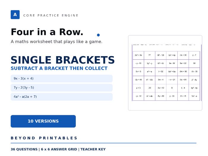 Expanding and Factorising Single Brackets Four in a Row | 9x-3(x+4) | Level 23 | 10 Maths Games
