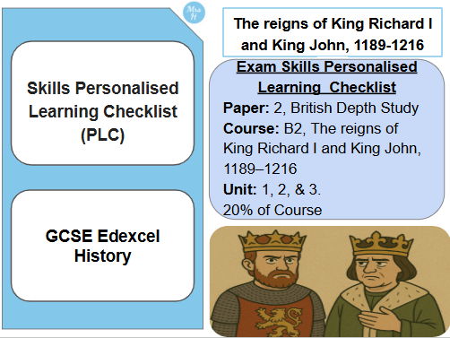 Skills Personalised Learning Checklist Edexcel GCSE History - King Richard I and King John (B2)
