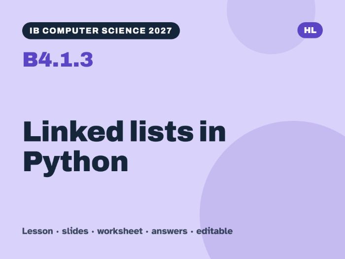 IB Computer Science 2027 – B4.1.3 Linked lists in Python – Lesson & Worksheet