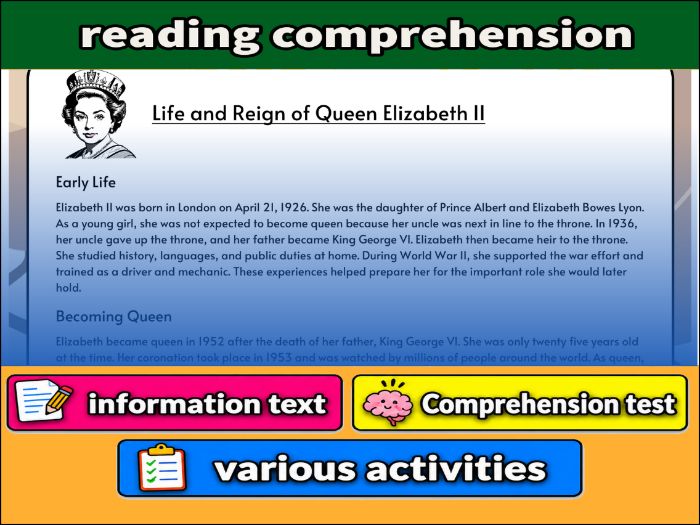 Life and Reign of Queen Elizabeth II- Reading Comprehension, Worksheet & Activities