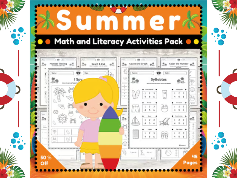 Summer Math and Literacy Centers for Preschool : No Prep Packet for K-2 Learners
