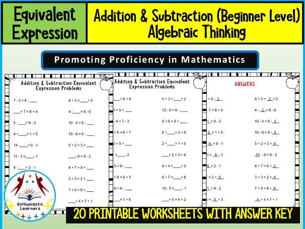 Equivalent Expressions Worksheets | Addition & Subtraction | Beginner Level | Single-Digit Numbers