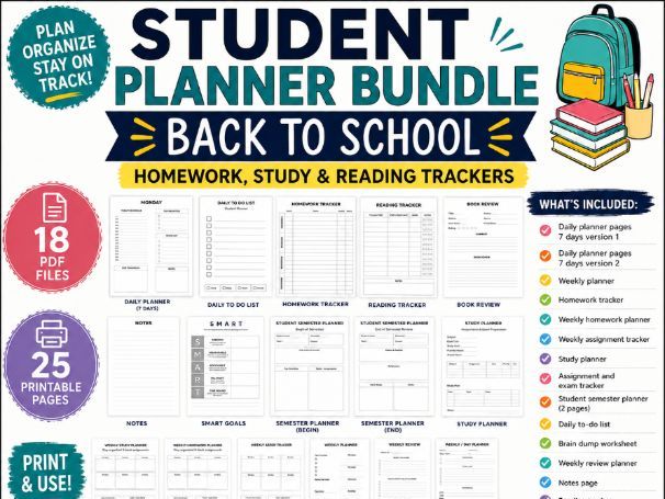 Student Planner Bundle for Students | 18 Printable Study & Organisation Templates