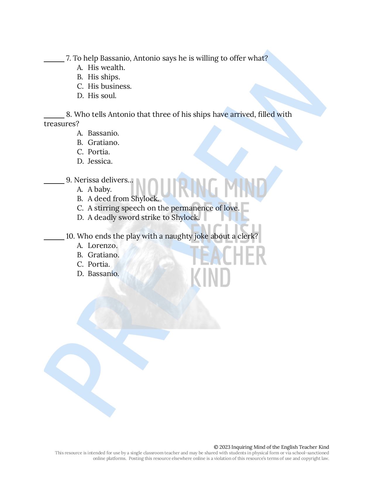 The Merchant of Venice Act 5 Quiz and Answer Key | Teaching Resources