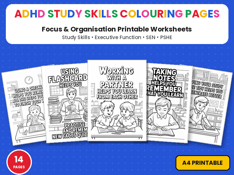 ADHD Study Skills Colouring Pages | Focus & Organisation | Printable Colouring Page Worksheets SEN