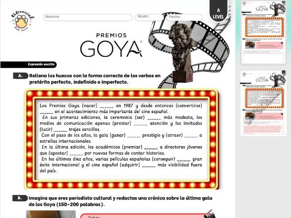 Spanish Past Tenses Writing Worksheet: Premios Goya