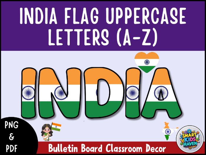 India Flag Bulletin Board Letters Uppercase Alphabet A-Z Classroom Decor.