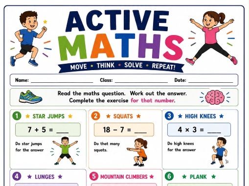 Active Maths PE Worksheet | Maths & Movement Challenge | Indoor Physical Education Activity | KS1/2