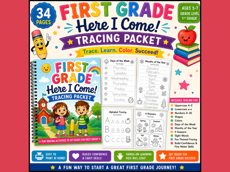 First Grade Here I Come Tracing Packet Kindergarten to 1st Grade Readiness Workbook for Handwriting,