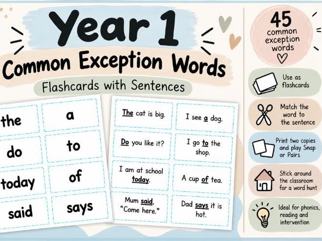 Year 1 Common Exception Words Flashcards and Sentences