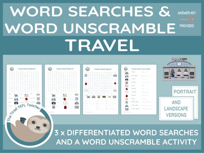ESL Travel Differentiated Word Searches and Word Unscramble