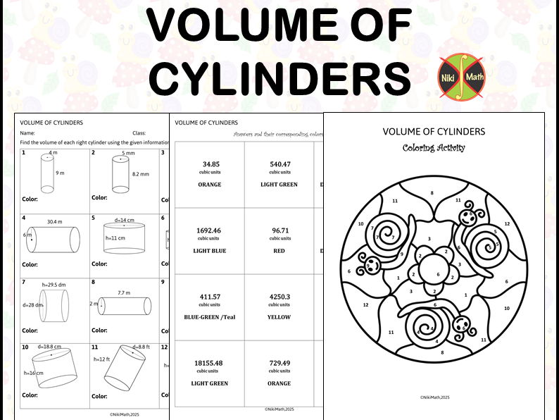 Geometry Grades 6-8: Volume of Cylinders - Coloring Activity/Color by Code