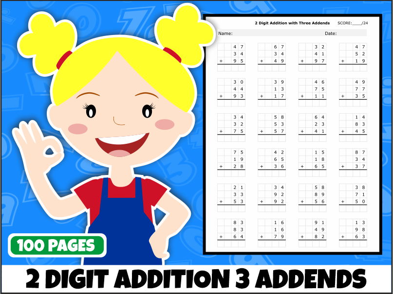 2-Digit Addition with 3 Addends Worksheets | 100 Printable Worksheets | Years 2–3 Maths