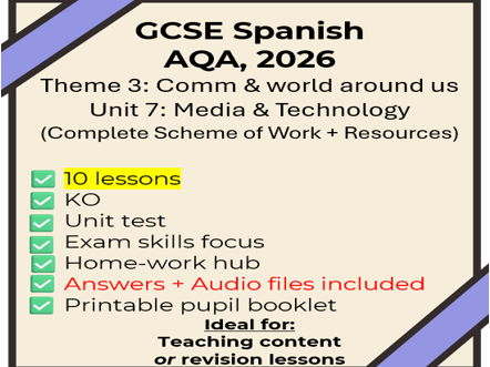 AQA 2026 GCSE Spanish: Unit 7 Media & Technology NEW SPEC (10 lessons/full SOW + extras)