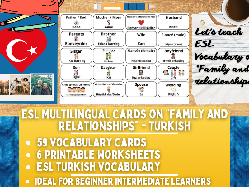 ESL Multilingual Vocabulary Flashcards - Family and Relationships - Turkish