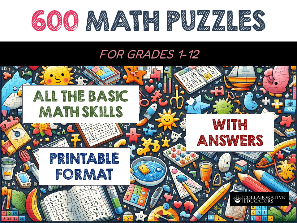 600 Math Puzzles for Grades 1-12 Bundle