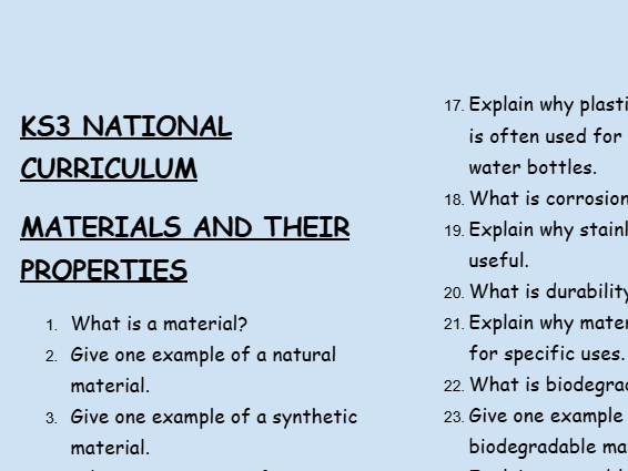 KS3 Chemistry: Materials and Their Properties – 30 Question Retrieval Worksheet